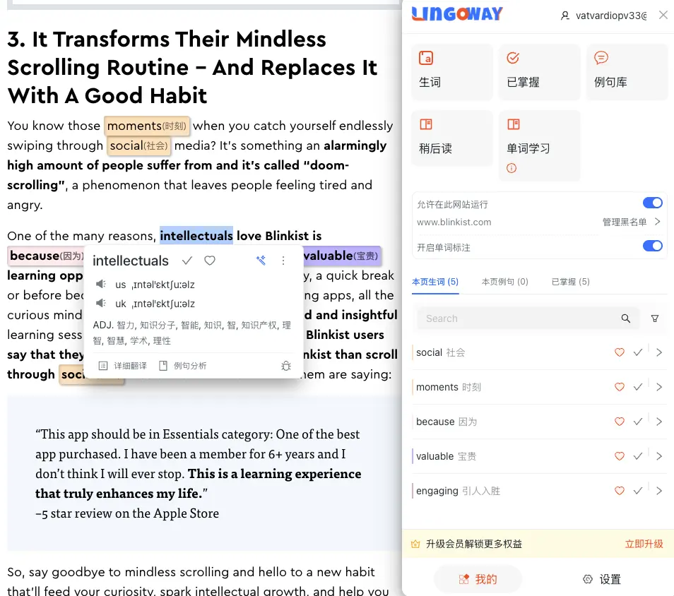 网页即时翻译工具横评 — LingoWay 划词翻译截图(hover 单词弹出 AI 解释)